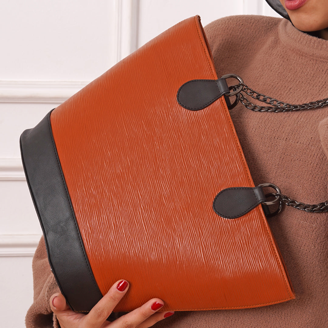 Tutote | Unique Texture Tote Bag With Chain - Camel