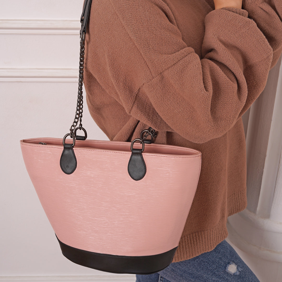 Tutote | Unique Texture Tote Bag With Chain - Pink
