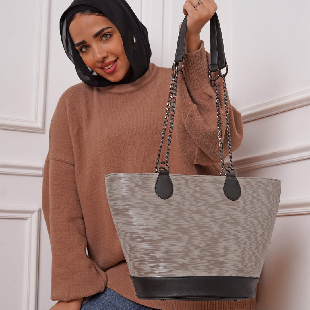 Tutote | Unique Texture Tote Bag With Chain - Gray