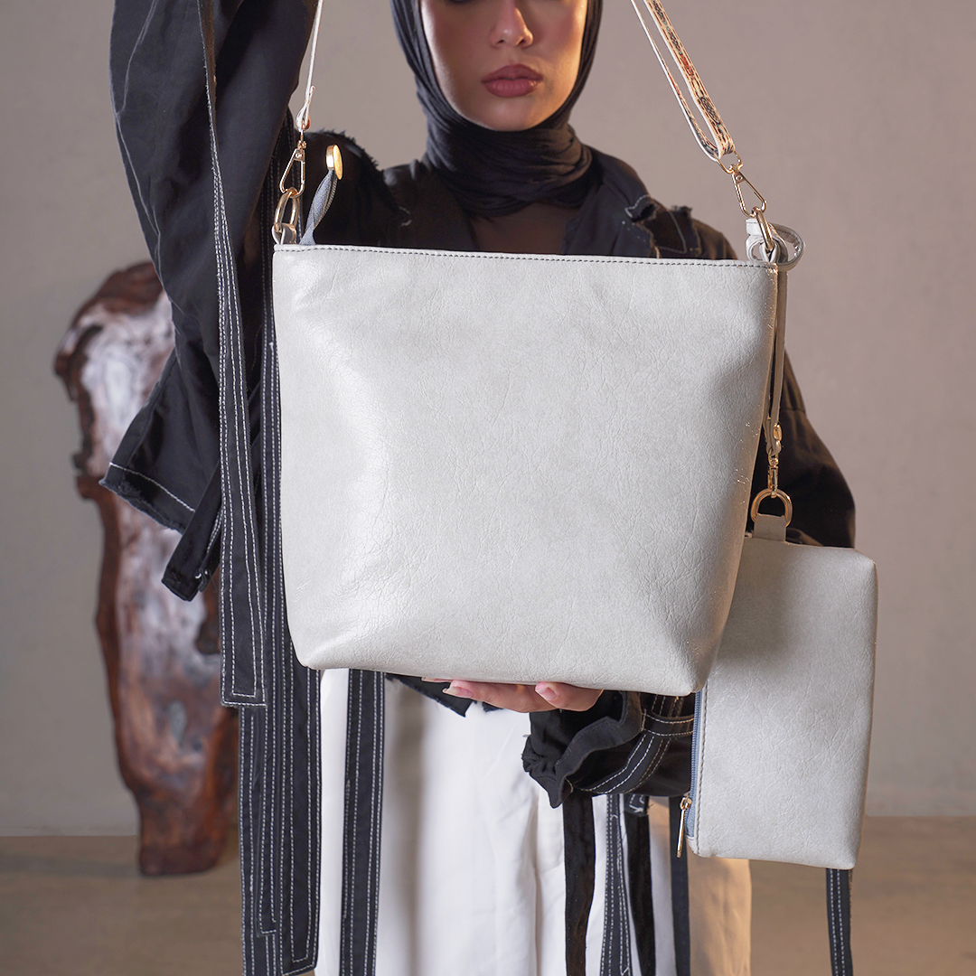 Plain Leather Bucket Bag With Extra Pocket - Gray