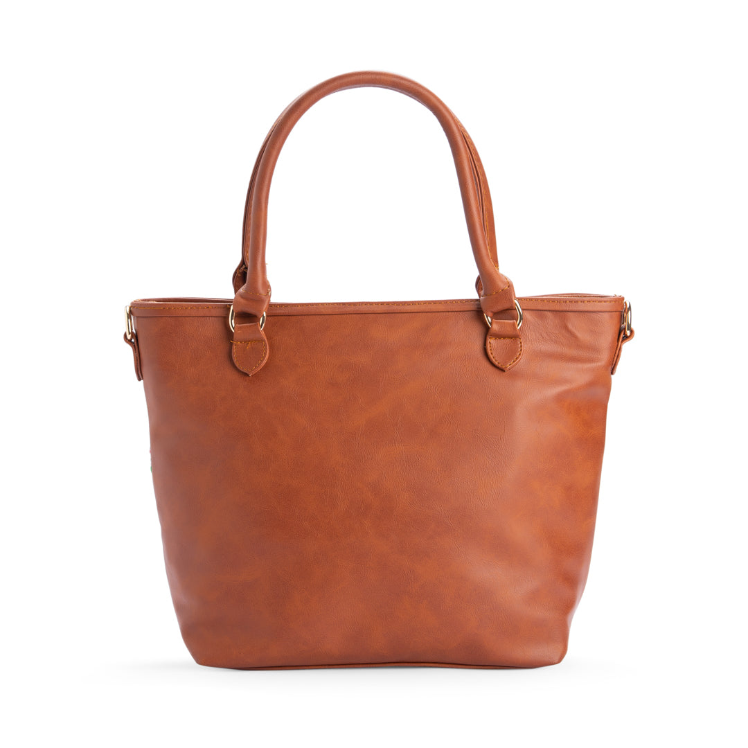 Large Leather × Textile Tote Bag -   CAMEL