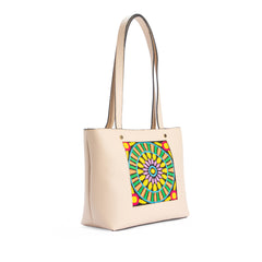 Plain Leather Tote Bag With Square Textile - BEIGE