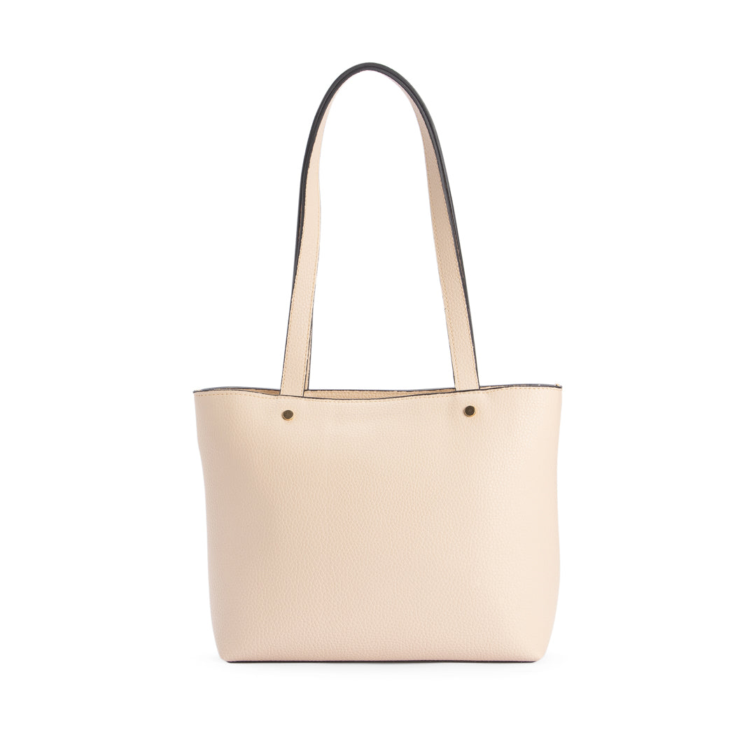 Plain Leather Tote Bag With Square Textile - BEIGE