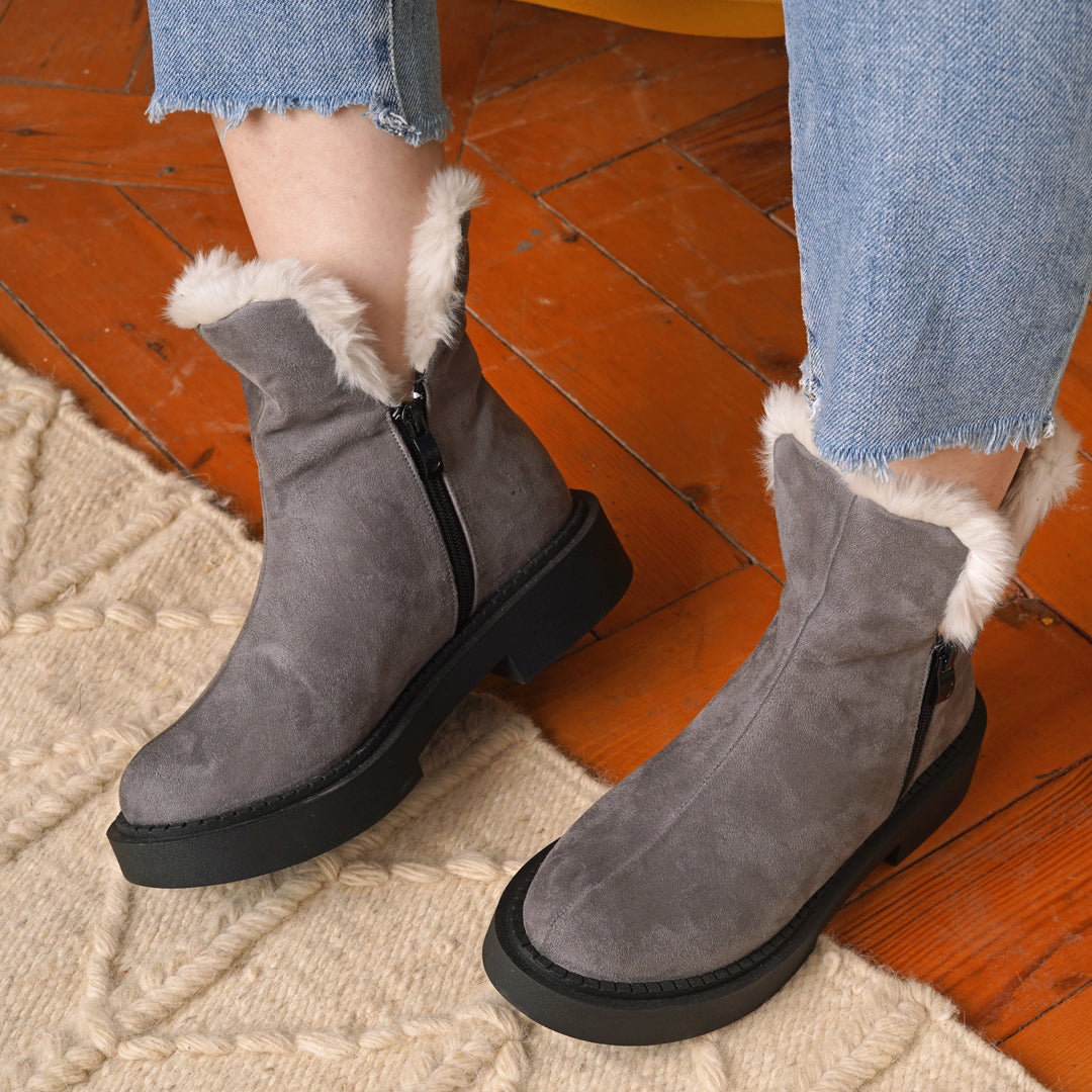 Fur Lined Suede Half Boots With Side Zipper - Gray