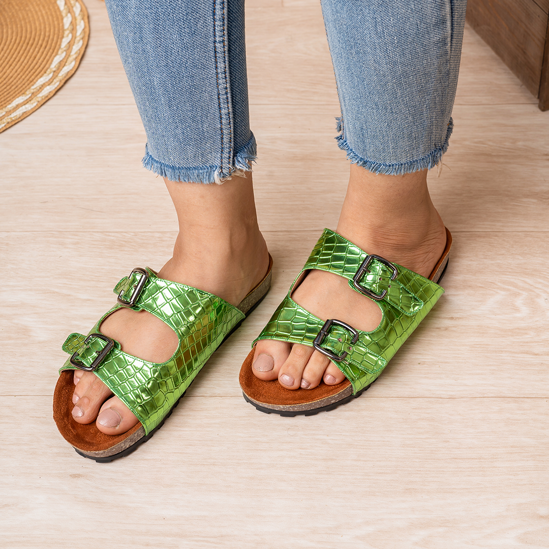 Florida | Double Buckle Croco Slides - Green