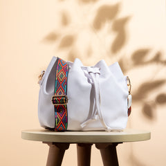 Plain Leather Bucket Bag With Extra Pocket - WHITE