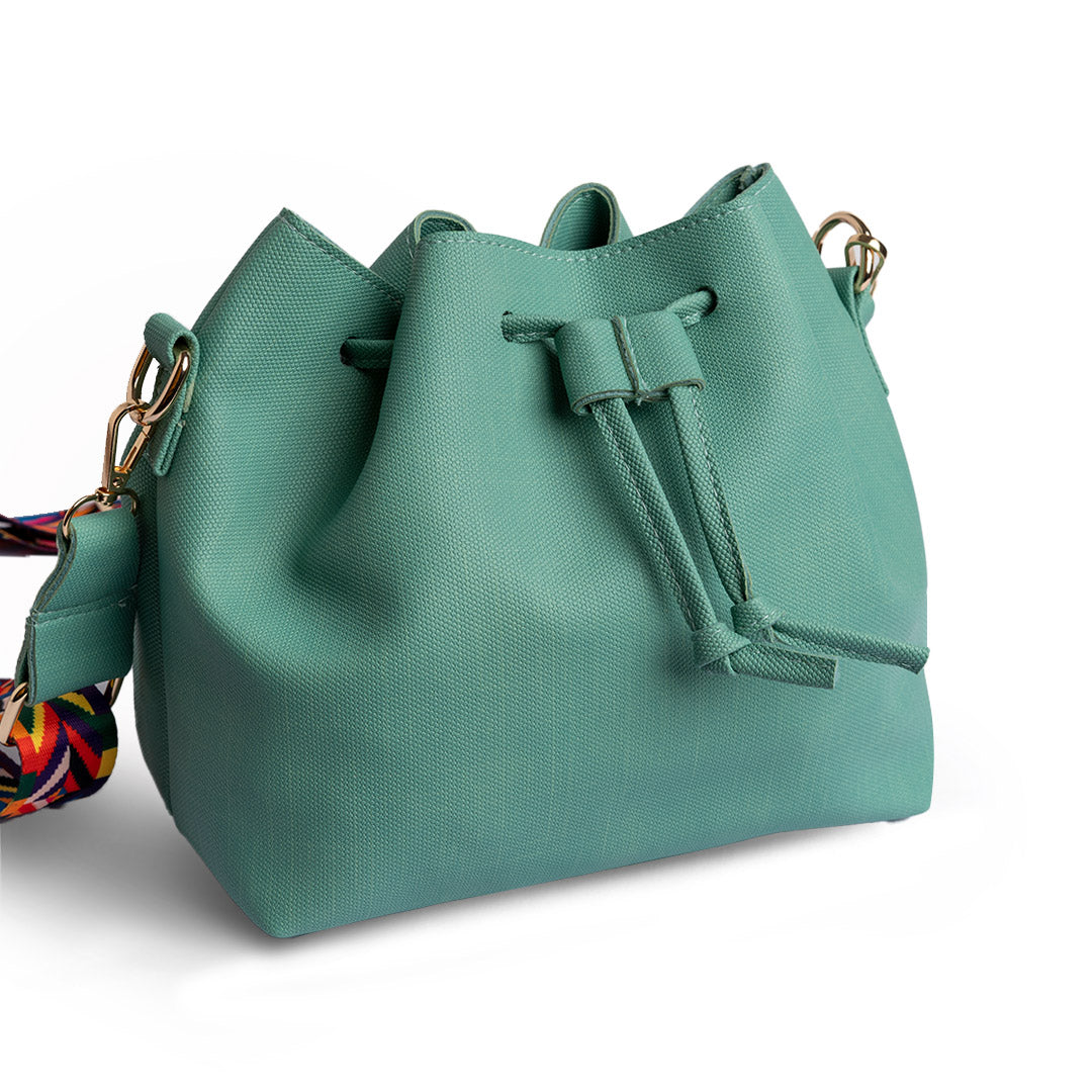 Plain Leather Bucket Bag With Extra Pocket - GREEN
