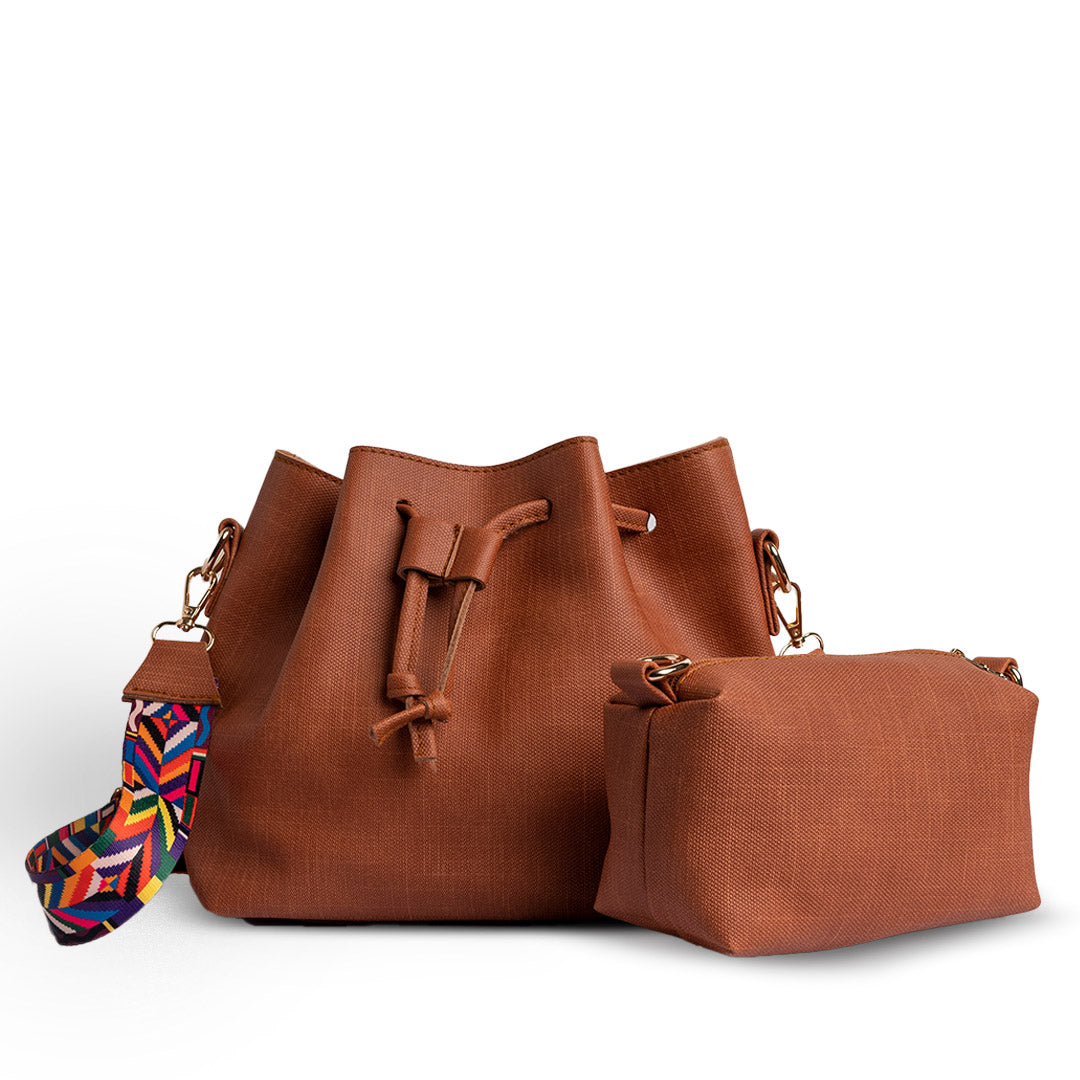 Plain Leather Bucket Bag With Extra Pocket - CAMEL