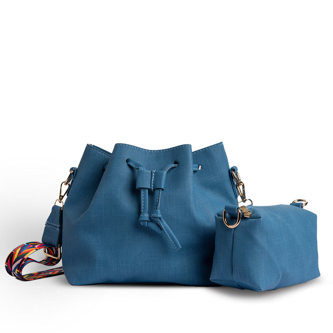 Plain Leather Bucket Bag With Extra Pocket - BLUE