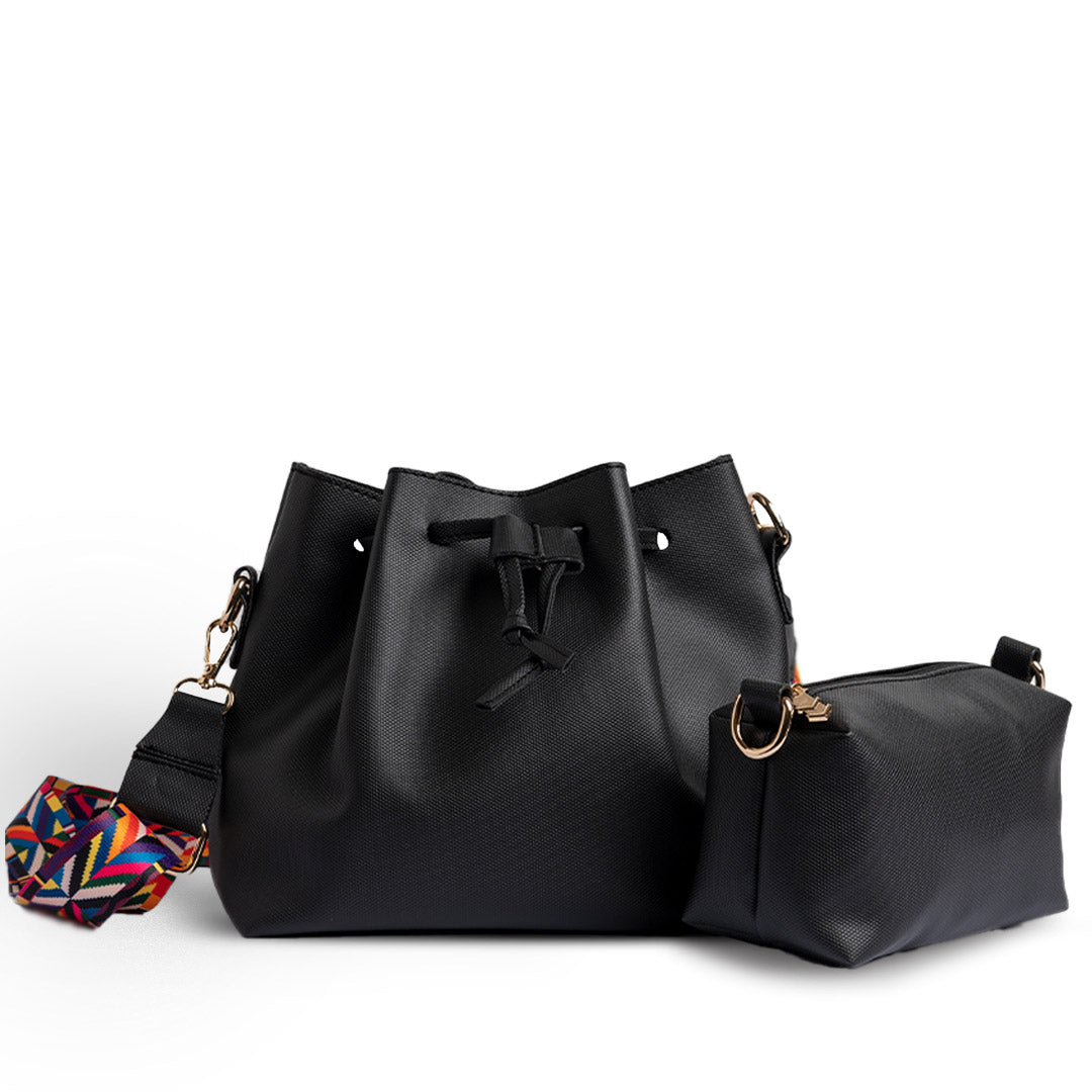 Plain Leather Bucket Bag With Extra Pocket - BLACK