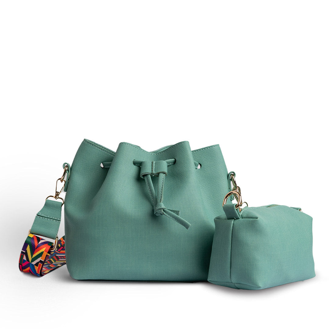 Plain Leather Bucket Bag With Extra Pocket - GREEN