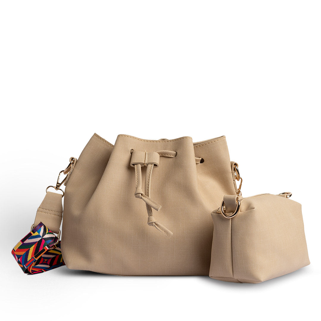 Plain Leather Bucket Bag With Extra Pocket - BEIGE