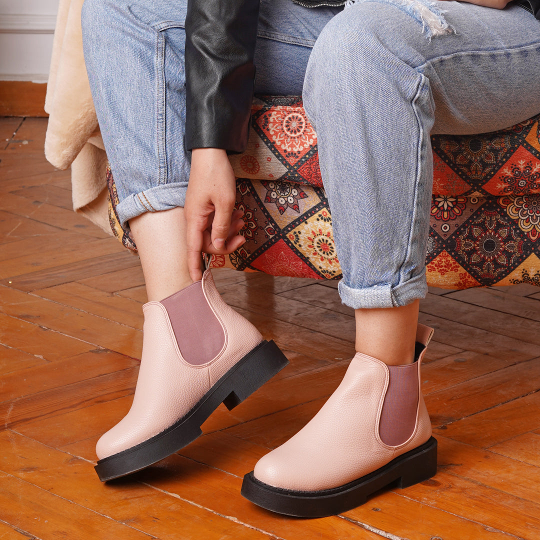 Leather Chelsea Half Boots With Elastic - Pink