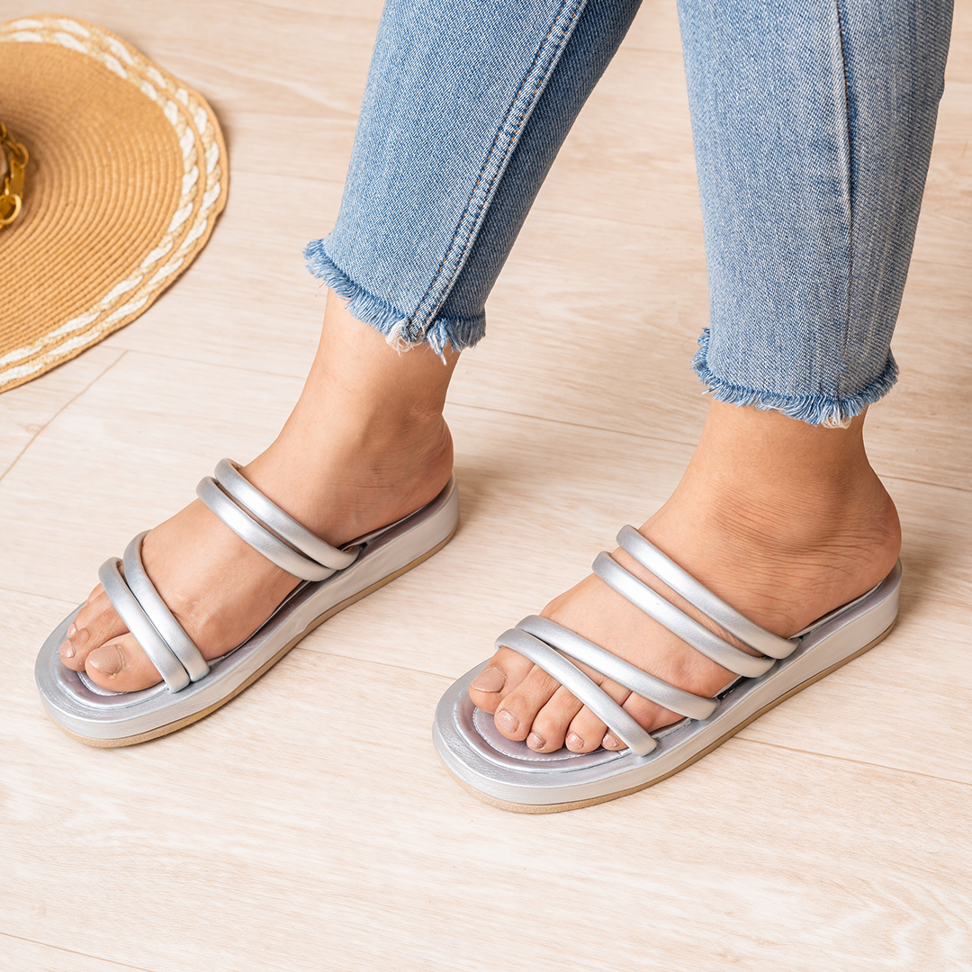 Trinit | Plain Tri Strap Slippers - Silver