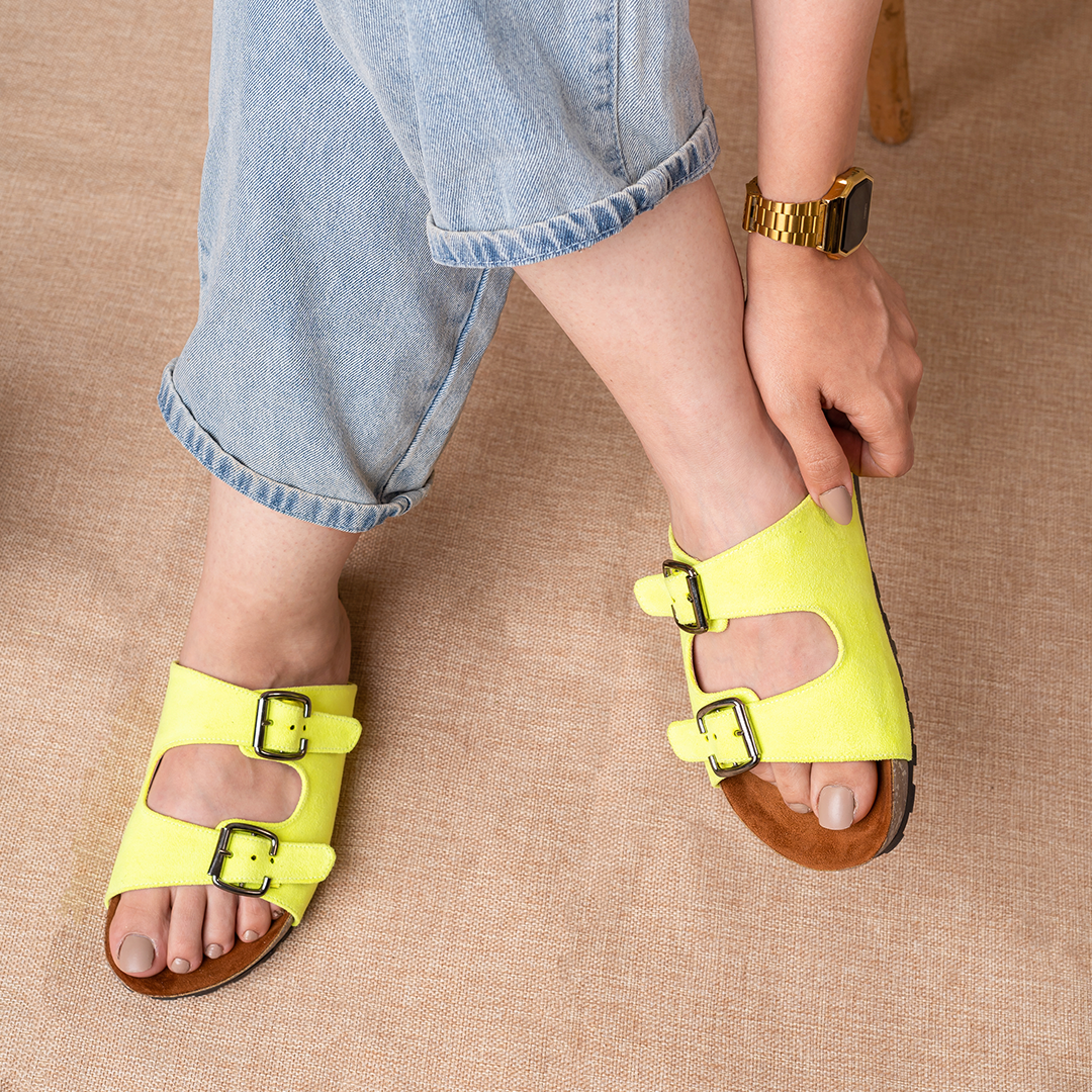 Miami | Double Buckle Suede Slides - Lime