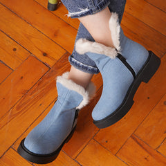 Fur Lined Lenin Half Boots With Side Zipper - baby blue