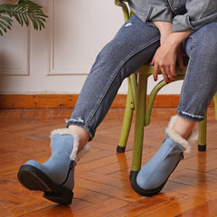 Fur Lined Lenin Half Boots With Side Zipper - baby blue