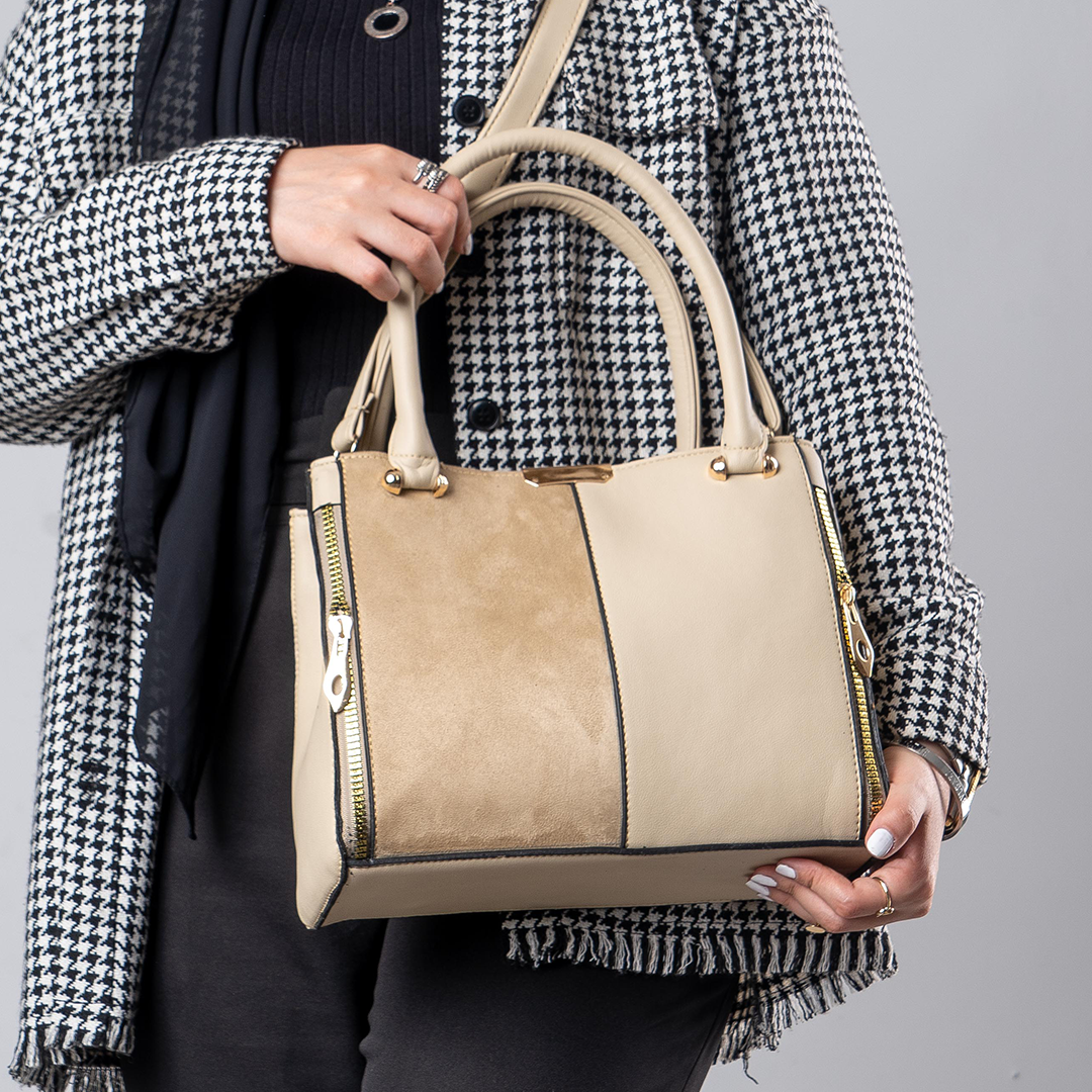 Plain Leather × Suede Rectangular Cross-Body Bag - BEIGE