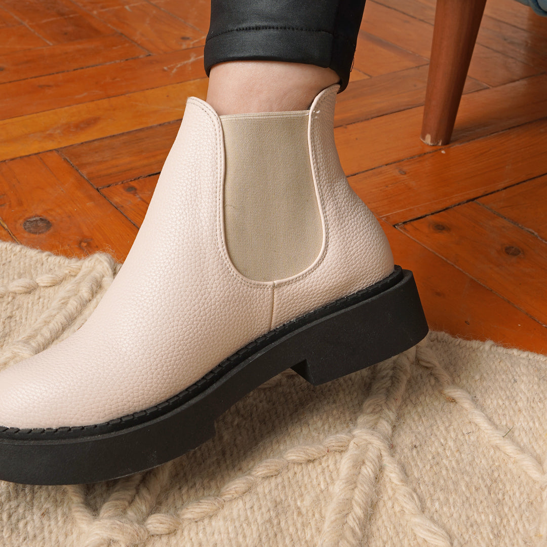 Leather Chelsea Half Boots With Elsatic - Beige