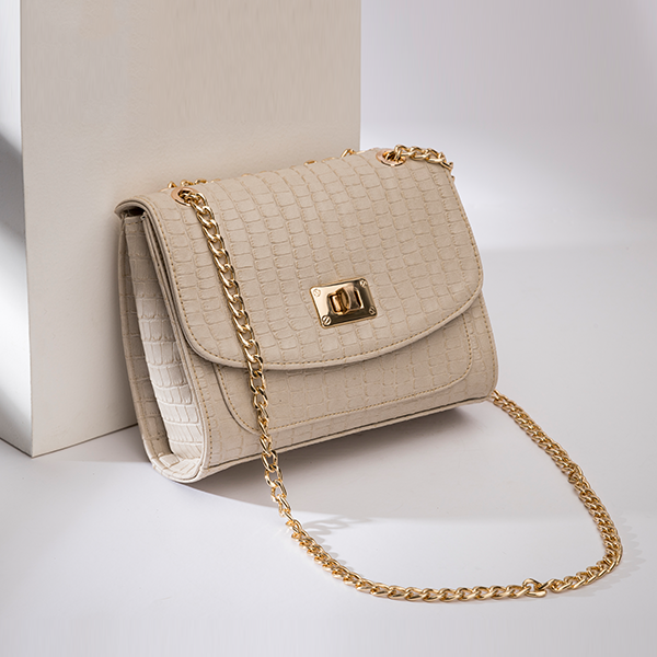 Glowy | Chained Croco Cross Bag - Beige