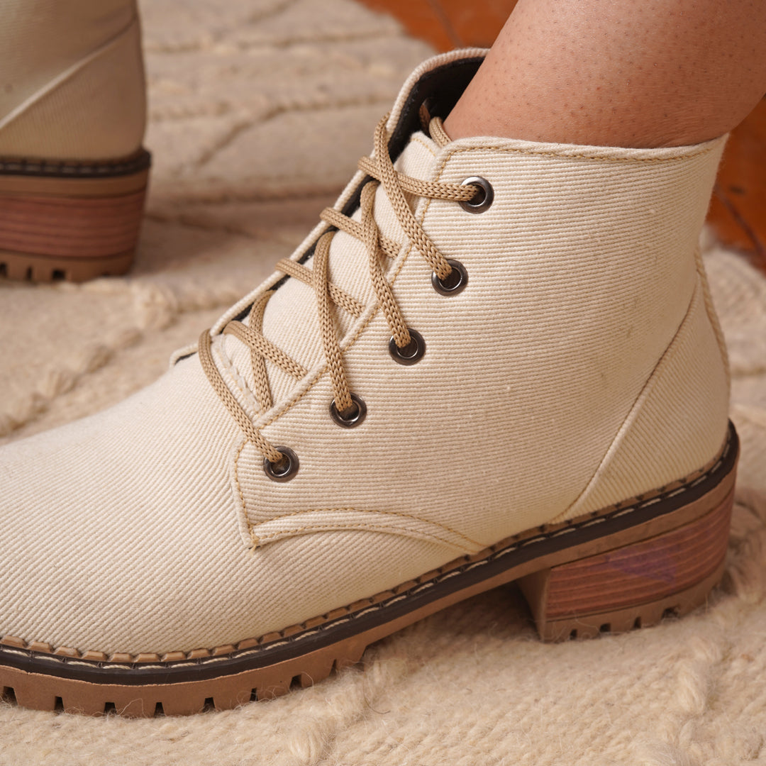 Low Heel Suede Lace Up Boots - Beige
