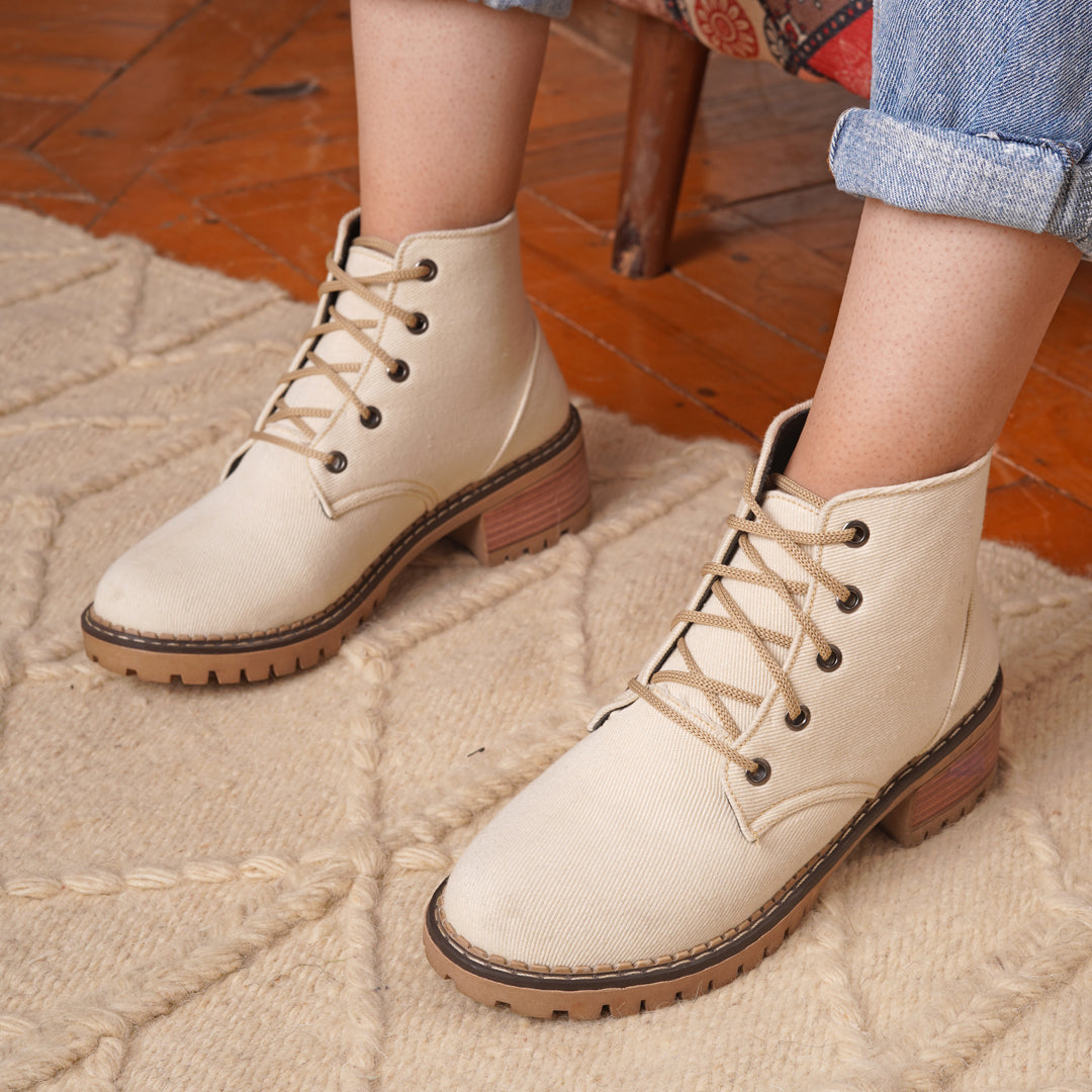 Low Heel Suede Lace Up Boots - Beige