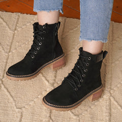 Suede Lace up Half Boots With Zipper - Black