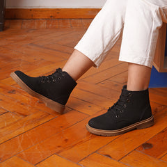 Plain Soft Suede Lace Up Half Boots - Black