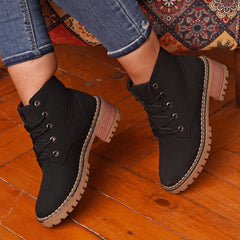 Low Heel Suede Lace Up Boots - Black