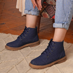 Plain Soft Suede Lace Up Half Boots - Dark Blue