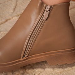 Leather Ankle Boots With Side Zipper - Cafe