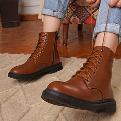 Leather Lace up Half Boots With Zipper - Camel