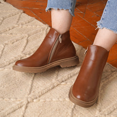 Leather Ankle Boots With Side Zipper - Camel