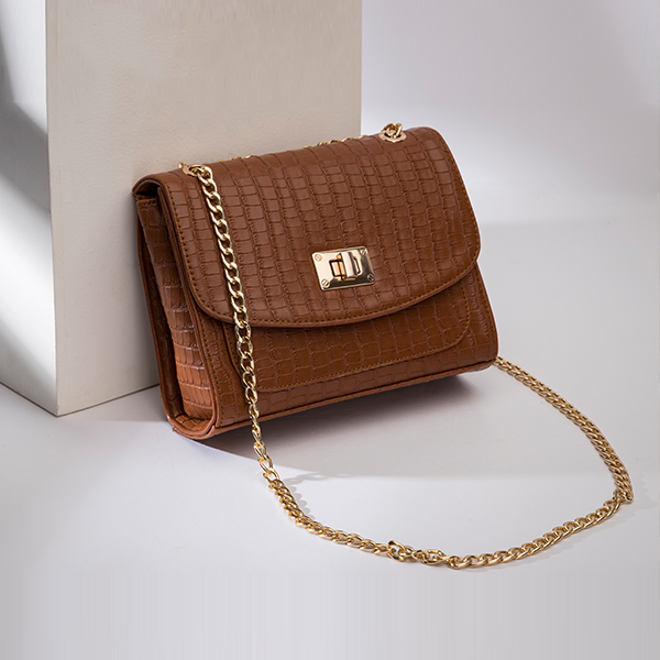 Glowy | Chained Croco Cross Bag - Camel