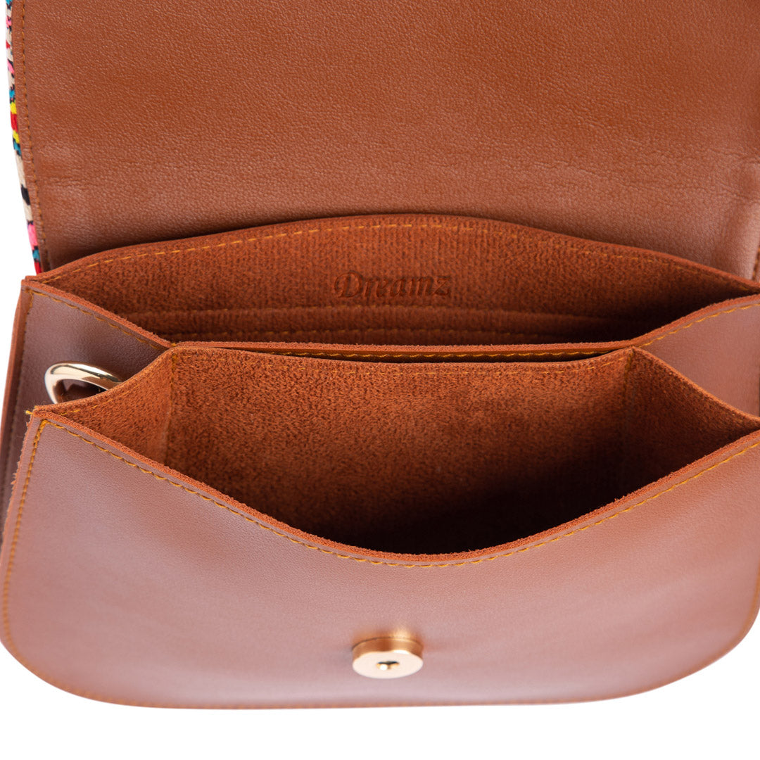 Mini Leather × Textile Bohemian Cross Bag  - CAMEL