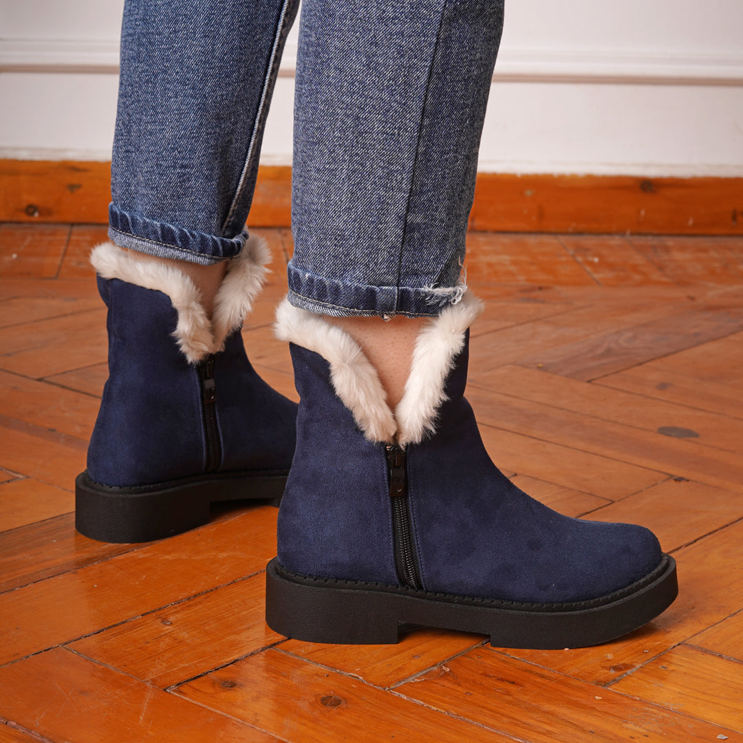 Fur Lined Suede Half Boots With Side Zipper - dark blue