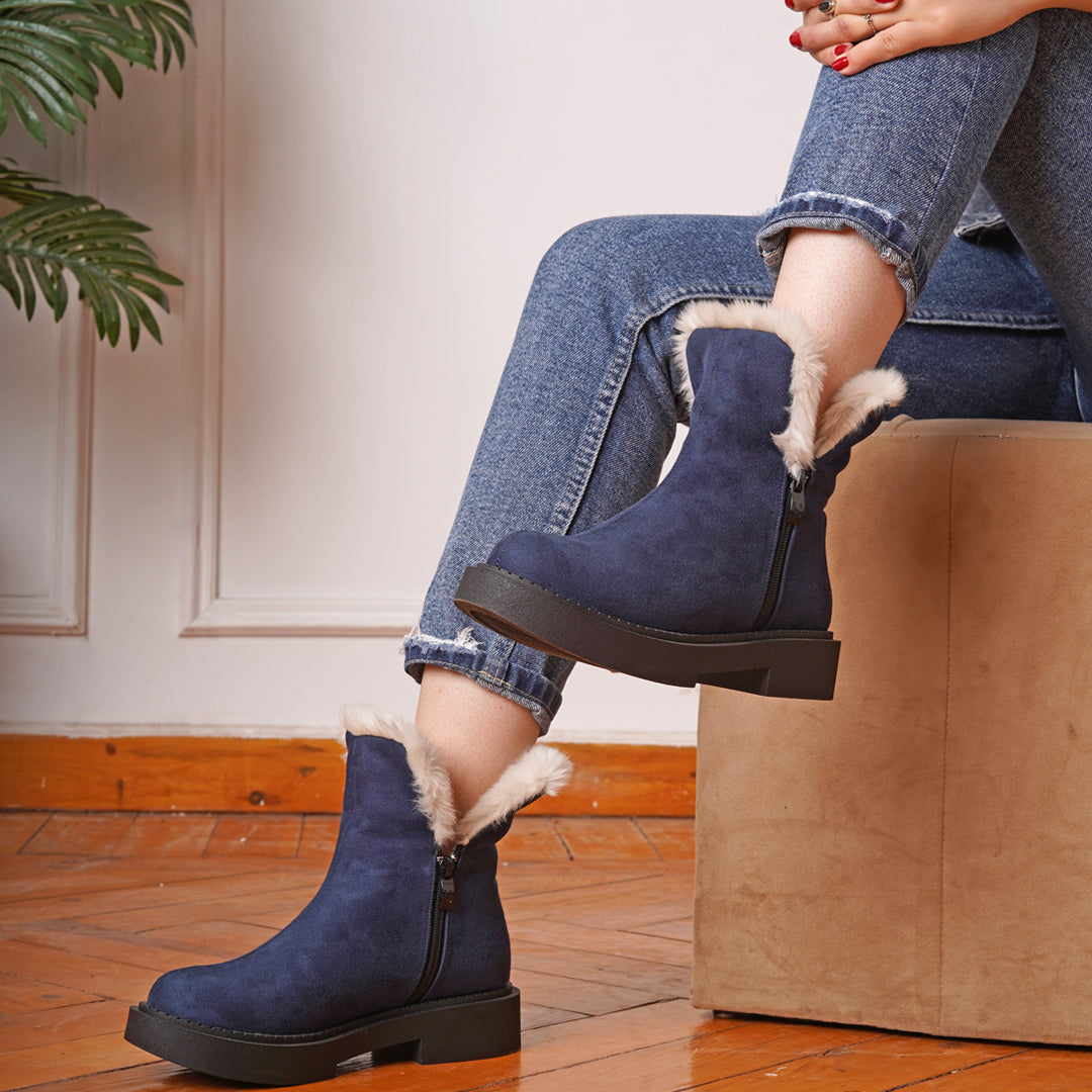 Fur Lined Suede Half Boots With Side Zipper - dark blue