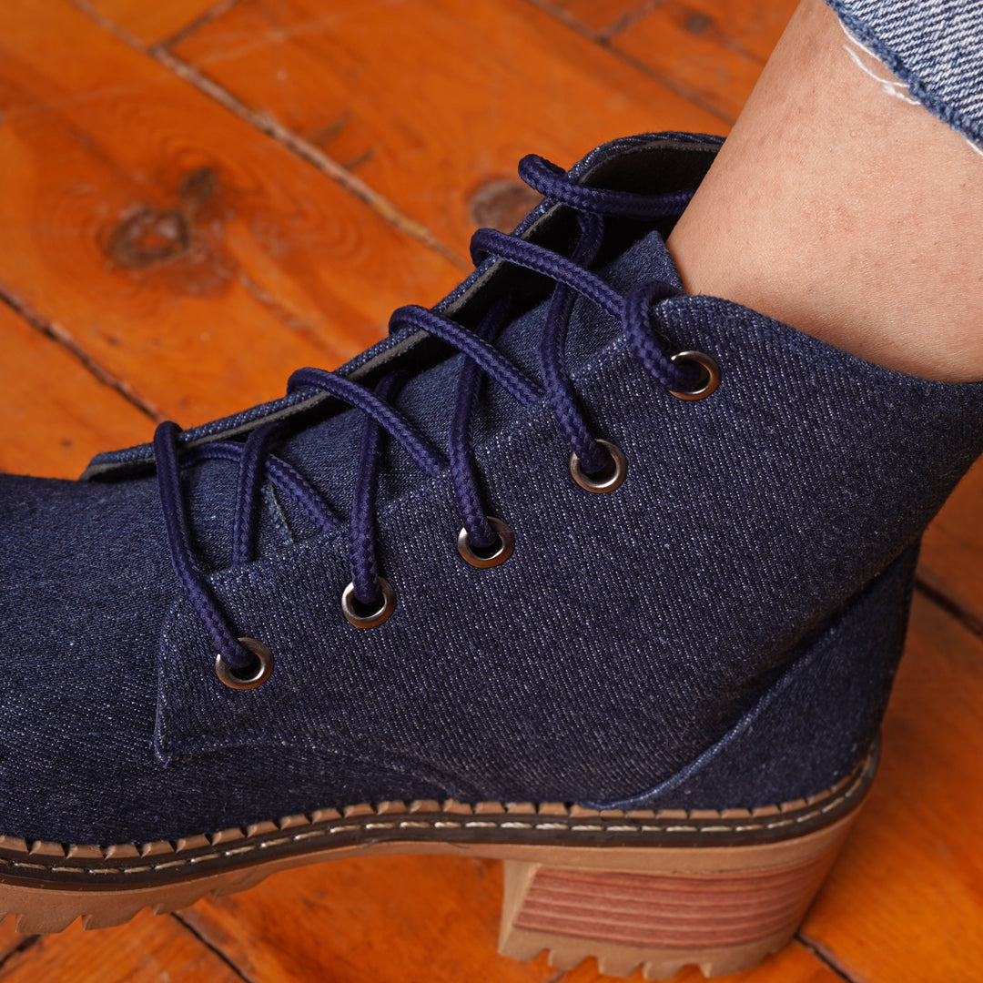 Low Heel Suede Lace Up Boots - Navy Blue