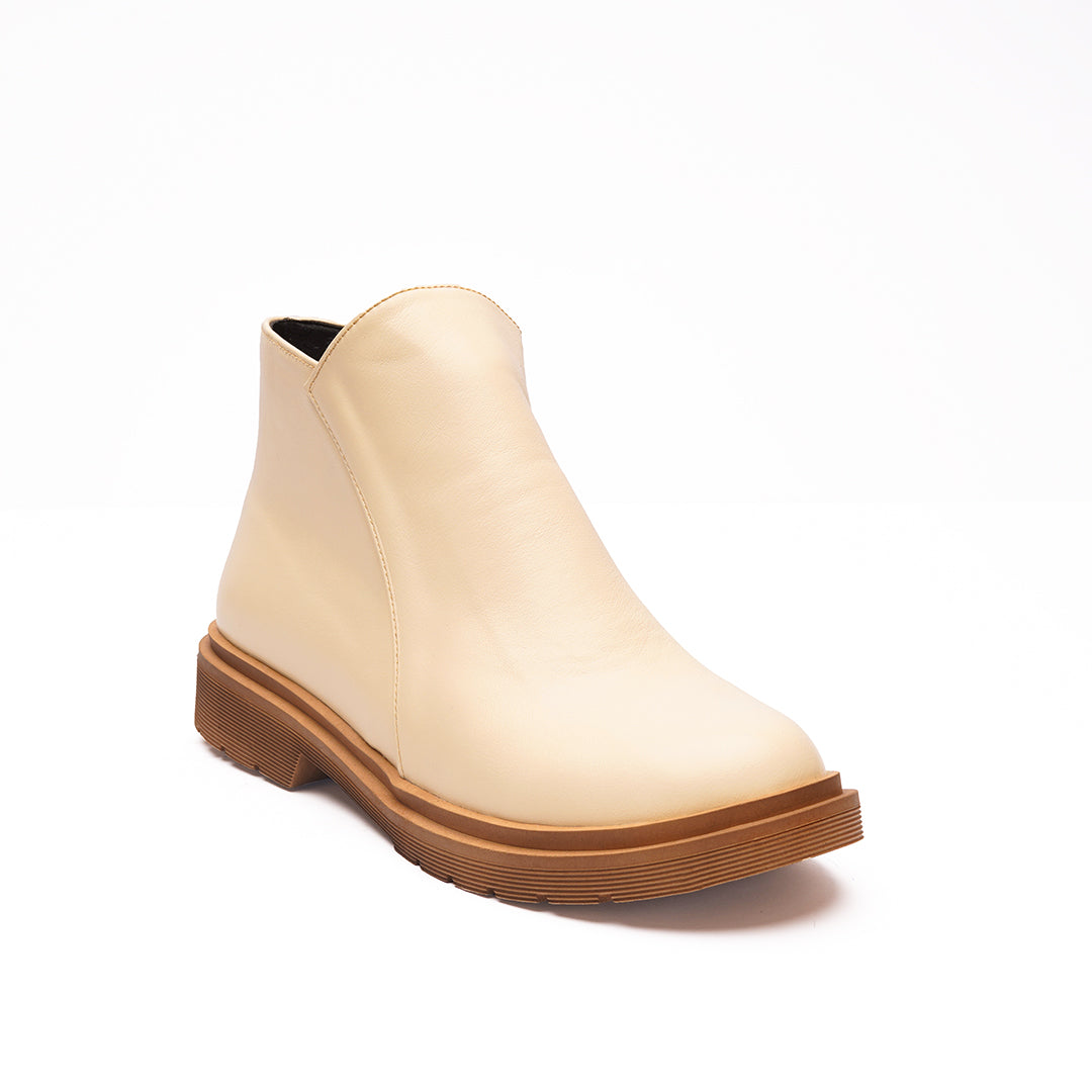 Leather Ankle Boots With Side Zipper - Beige