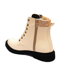 Leather Lace up Half Boots With Zipper - Beige