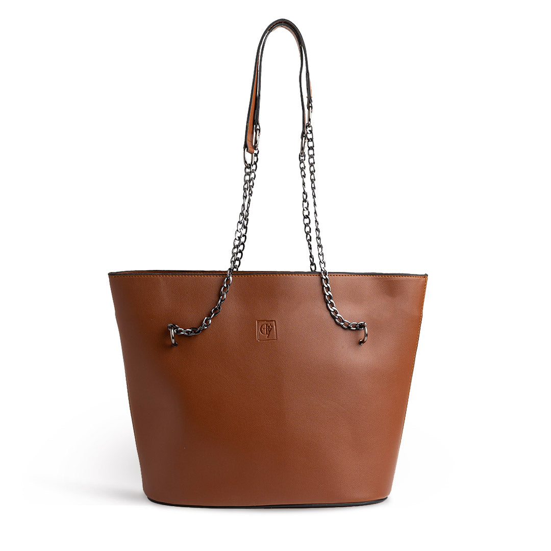 Plain Leather Tote Bag With Black Chain - CAMEL