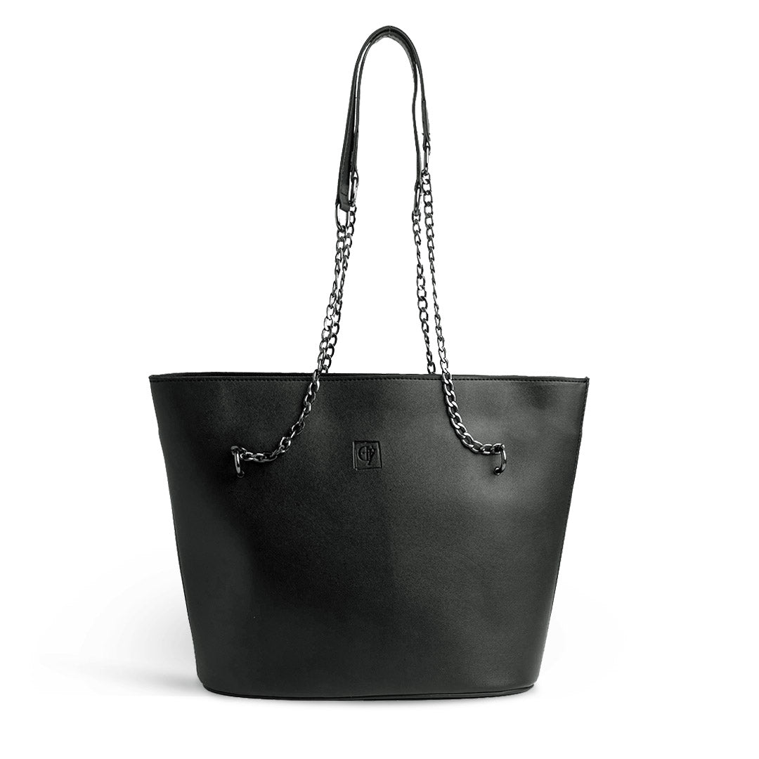 Plain Leather Tote Bag With Black Chain - BLACK
