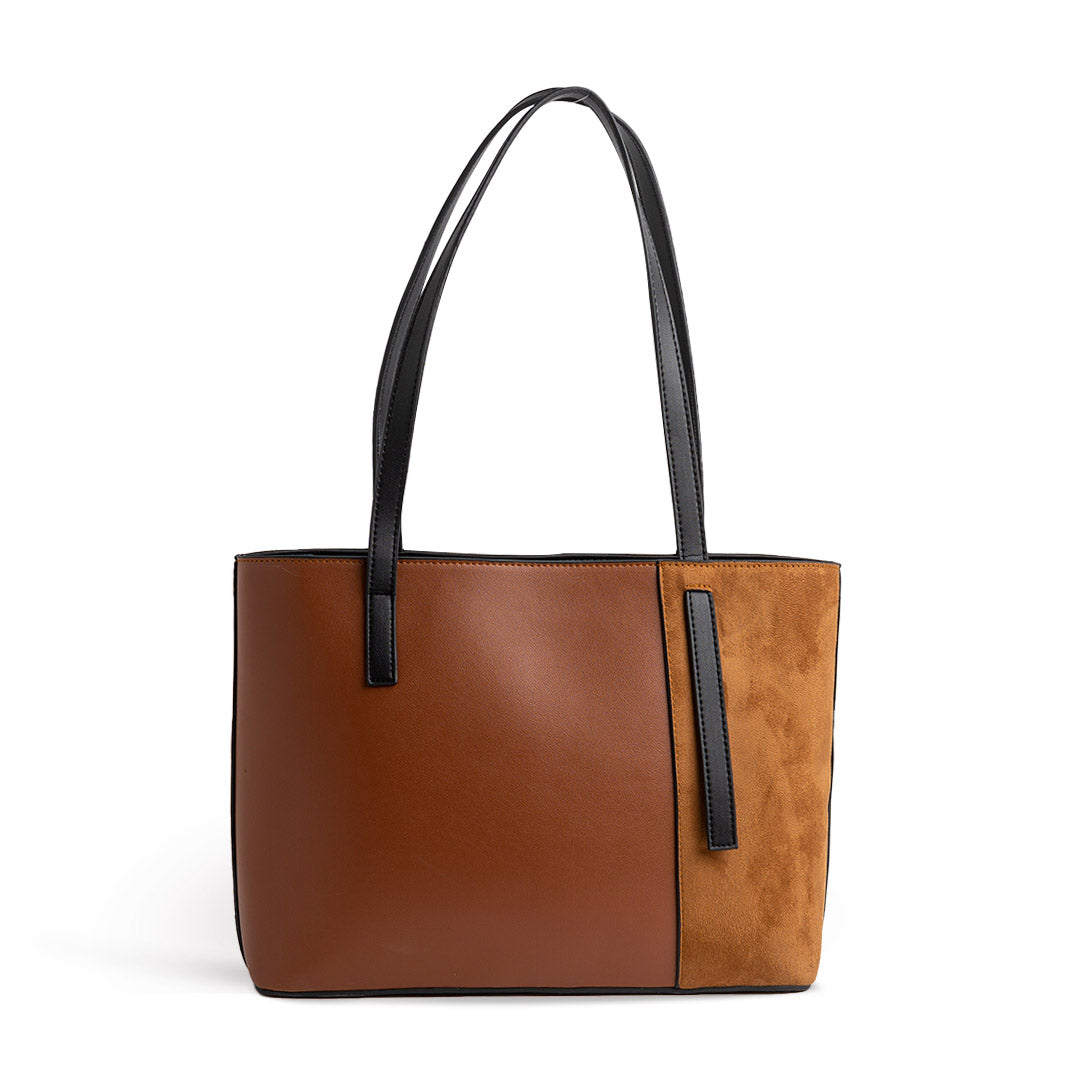 Plain Leather × Suede Rectangular Tote Bag - CAMEL