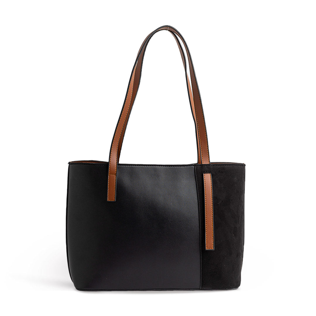 Plain Leather × Suede Rectangular Tote Bag - BLACK