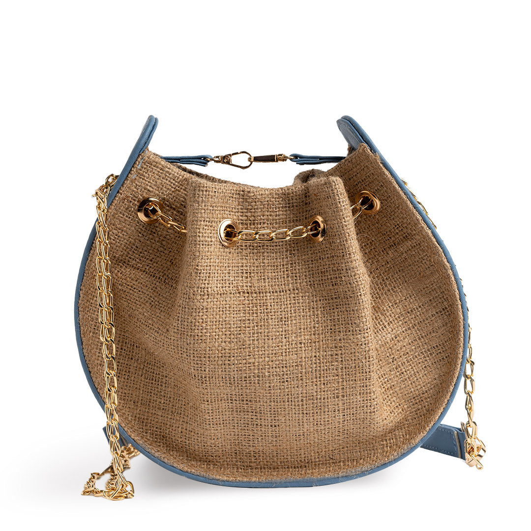 Burlap × Plain Leather Rounded Cross Bag - BLUE