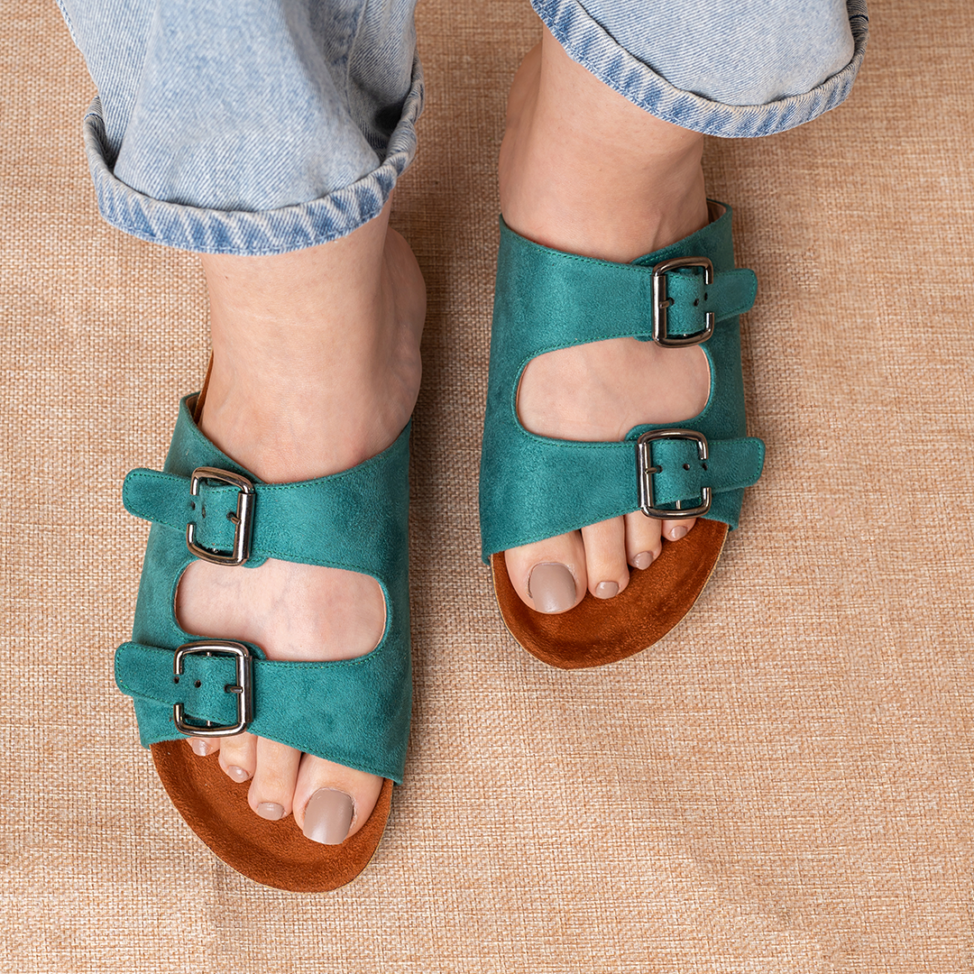 Miami | Double Buckle Suede Slides - Teal