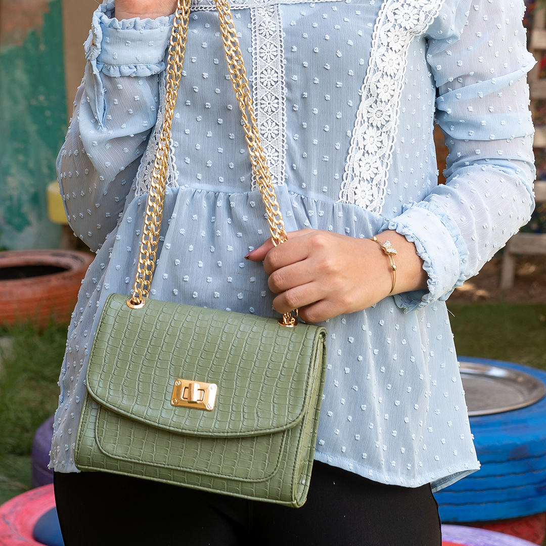 Glowy | Chained Croco Cross Bag - Green