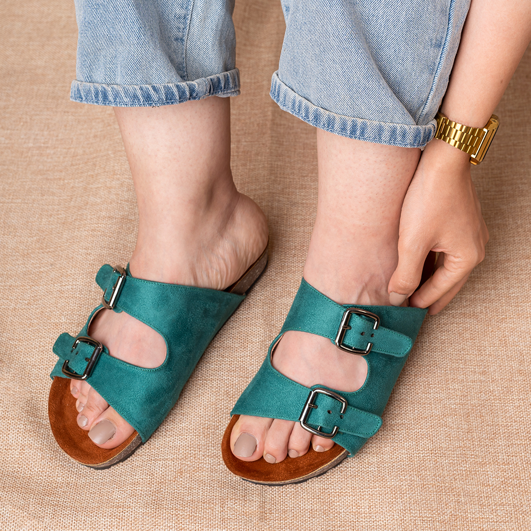 Miami | Double Buckle Suede Slides - Teal
