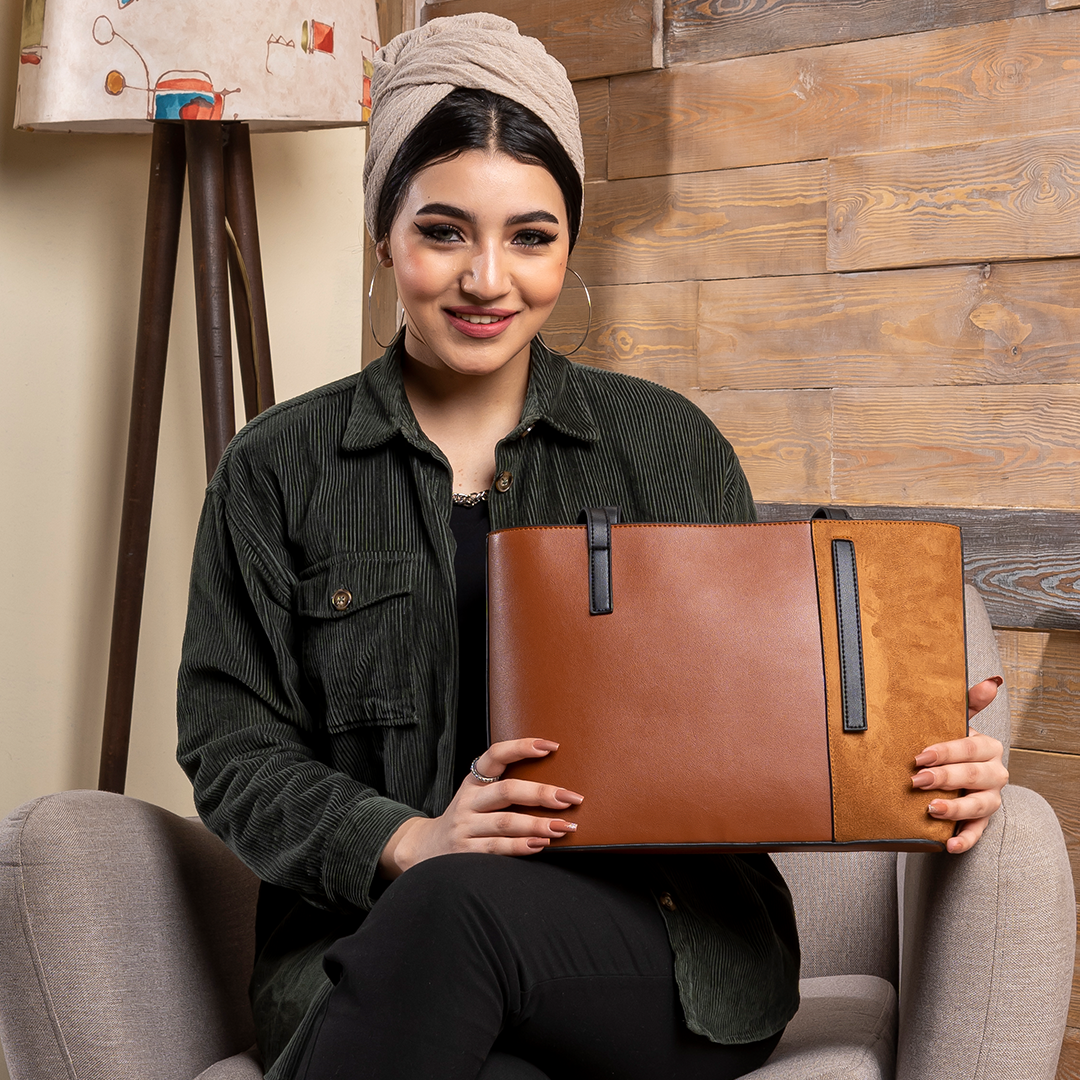 Plain Leather Ã— Suede Rectangular Tote Bag - CAMEL