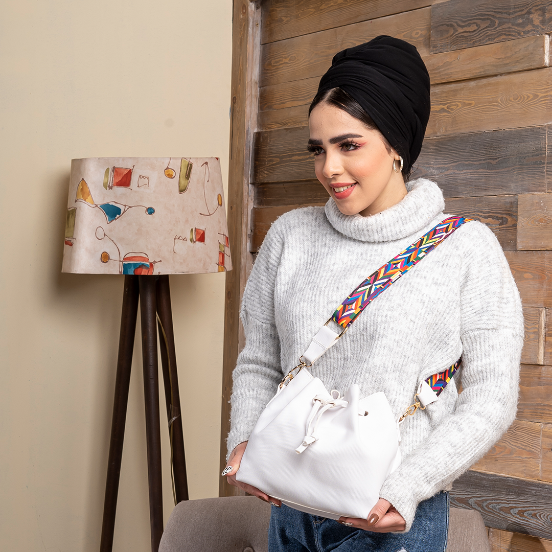 Plain Leather Bucket Bag With Extra Pocket - WHITE